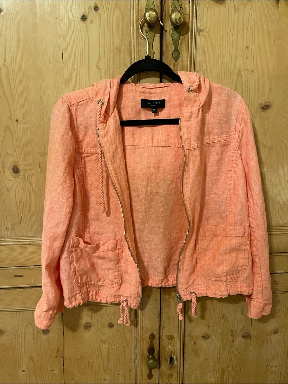 Talbots Women's Lightweight Hooded Zip Jacket - Coral Pink 100% linen size Mp